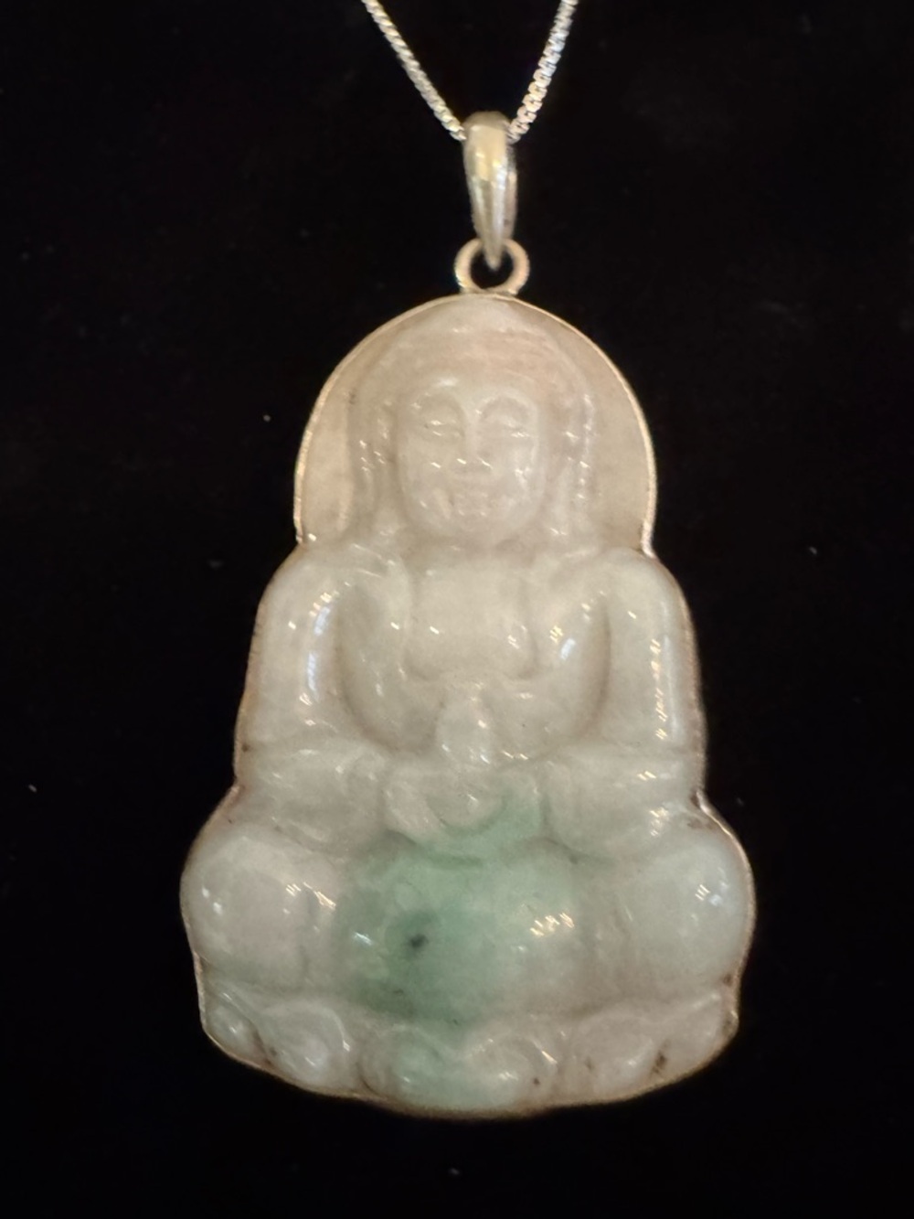 Genuine Jade Buddha Pendant Necklace - Green/White. Sterling silver setting.